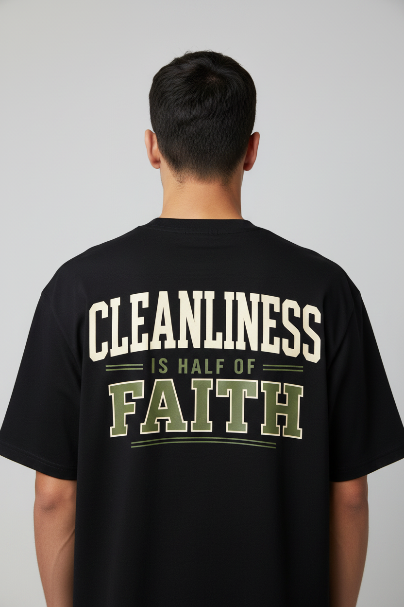 Cleanliness is Half of Faith – Black T-Shirt Mockup